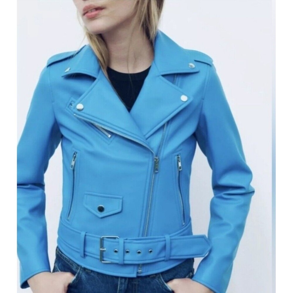ZARA blue Faux Leather Biker Jacket Size S Moto chic streetwear urban fashion *